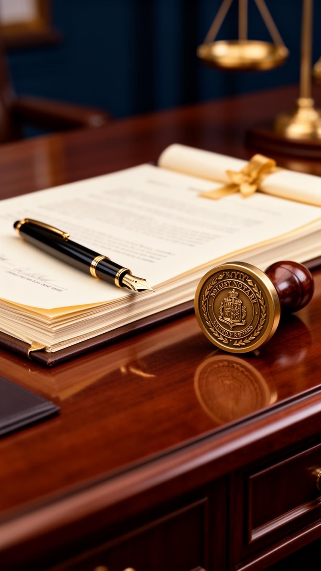 Notary desk with fountain pen, embossed seal, and legal documents